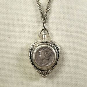 VINTAGE STERLING SILVER 1938 MERCURY DIME HEART WATCH PENDANT with 28 inch Chain